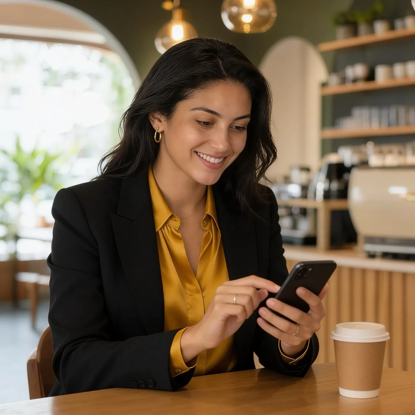 Businesswoman signing a contract on her phone at a café