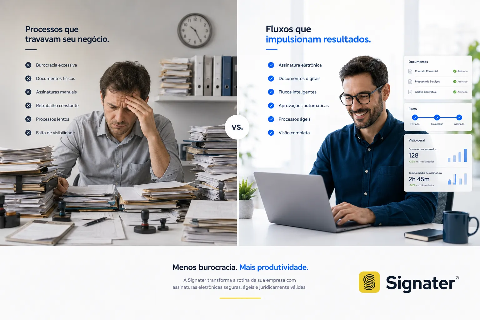 Compara&ccedil;&atilde;o entre burocracia tradicional com pilha de documentos e processos digitais &aacute;geis com assinatura eletr&ocirc;nica da Signater