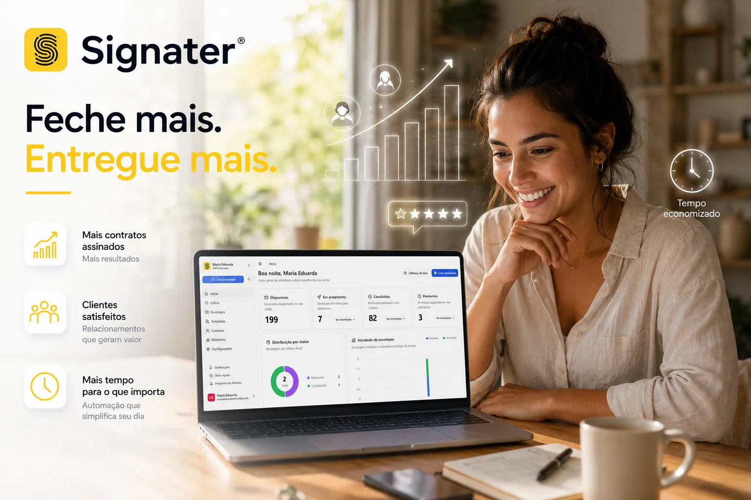 Empreendedora usando Signater em home office para aumentar produtividade com assinatura eletr&ocirc;nica no Brasil 2026
